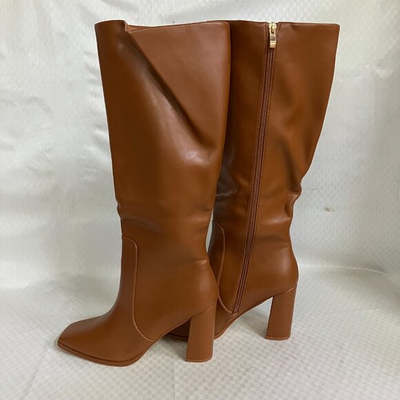 Zzheels Women's 10.5 Light Brown Boots Square Toe Chunky Side Zipper Heeled Long - Picture 7 of 11